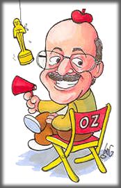 Illustrated Frank Oz sitting in a director's chair