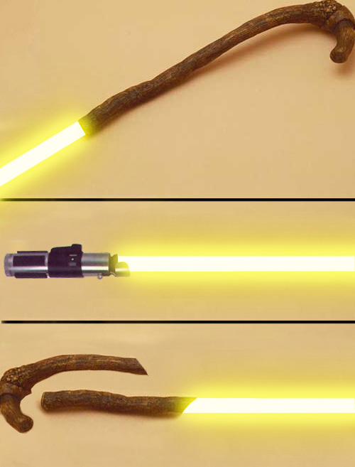 Fan-made image of Yoda's lightsaber coming from his gimer stick