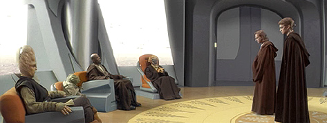 Obi-Wan and Anakin appear before Yoda and the Jedi Council (Attack of the Clones screenshot)