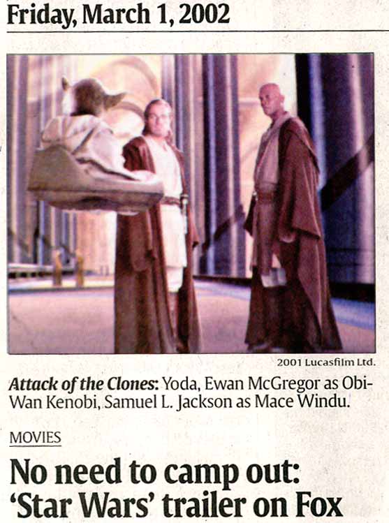 Scan of a USA today image of Yoda in his hover chair