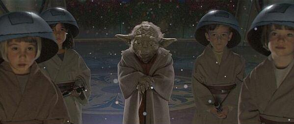Yoda standing in the middle of the Bear Clan Younglings (Attack of the Clones screenshot)