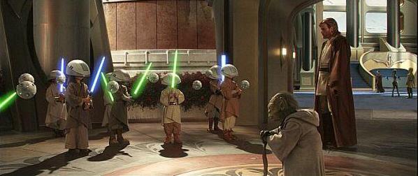 Yoda watching the Younglings practice with lightsabers (Attack of the Clones screenshot)