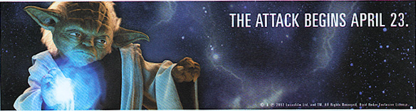 Advertisement for Attack of the Clones soundtrack CD showing Yoda with a ball of Force energy