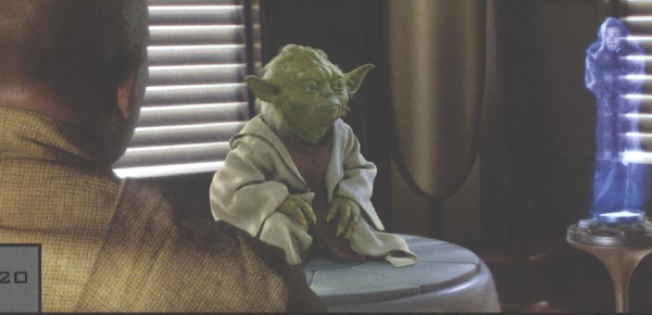 Yoda and Mace listening to Obi-Wan's hologram message (Attack of the Clones screenshot)