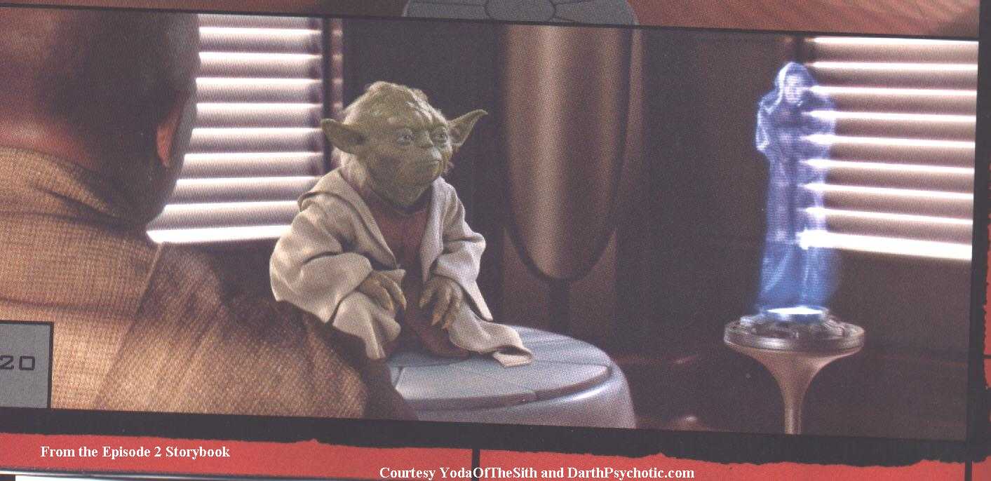 Yoda and Mace Windu seeing Obi-Wan hologram from Attack of the Clones scrapbook