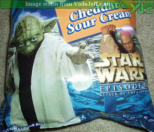 Close-up of the Yoda Cheddar and Sour Cream Ruffles bag
