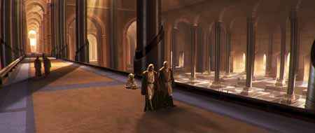 Attack of the Clones - Yoda flying down the hallway with Mace and Obi-Wan