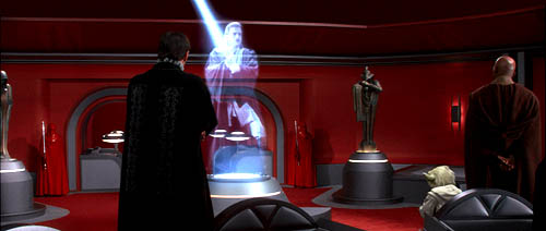 Yoda overlooking Obi-Wan's hologram (from Attack of the Clones)