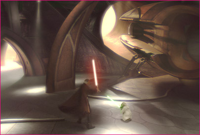 Yoda taking on Count Dooku in Attack of the Clones