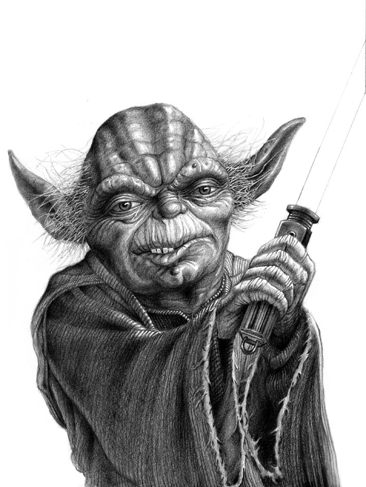 Black and white illustration of Yoda with his lightsaber