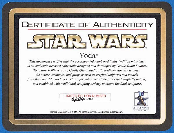 Gentle Giant Yoda minibust - certificate of authenticity