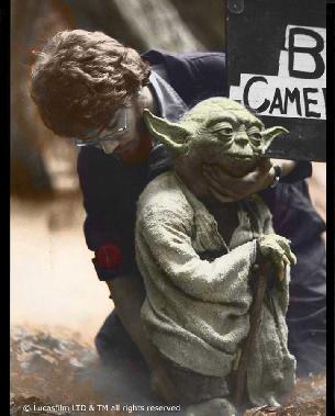 Working on the Yoda puppet during Empire Strikes Back filming