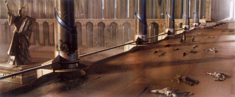 Obi-Wan and Yoda walking through the hallway of slain Younglings