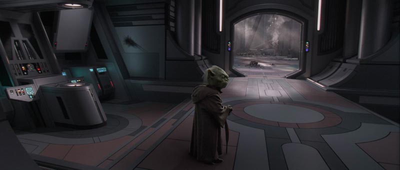 Yoda near the Jedi Council hologram security system