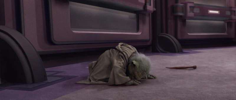 Yoda getting up after knocked down by Palpatine's Force lightning