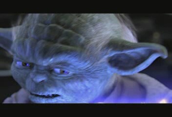 Yoda with an angry look on his face while deflecting Force lightning