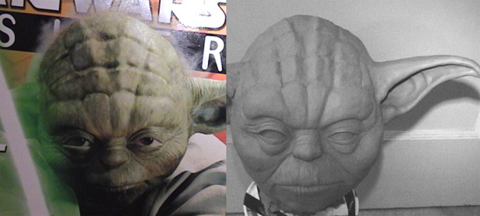 Custom Yoda sculpture compared to Attack of the Clones Yoda image