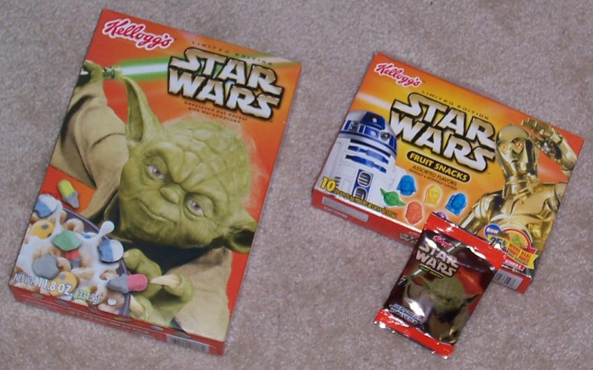 Yoda on the 'Star Wars' cereal box, and Yoda pouch from Star Wars fruit snacks
