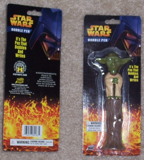Front and back of the Yoda bobble head pen in packaging