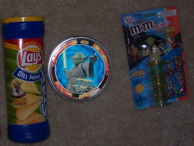 Yoda M&Ms tin, M&M Minis dispenser, and Dill Pickle Lays Stax container