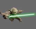 Yoda flying through the air with his lightsaber