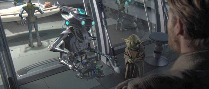 Yoda and Obi-Wan listening to the droid doctors operating on Padme