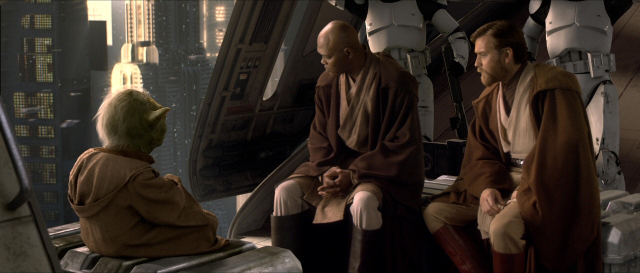 Yoda talking to Mace and Obi-Wan on a gunship