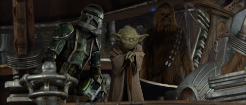 Clone trooper kneeling down to talk to Yoda