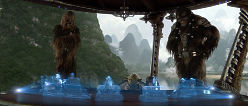 Yoda talking to the Jedi Council while on Kashyyyk