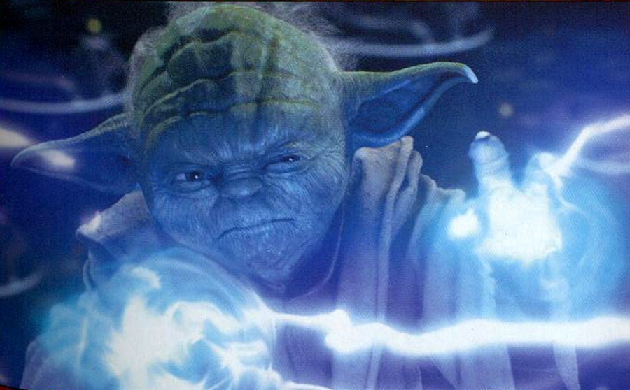 Yoda absorbing Palpatine's Force Lightning