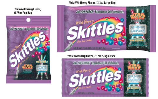 Three sizes of Wild Berry Skittles packages with Yoda
