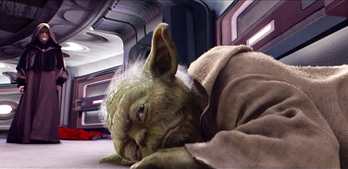 Yoda on the ground after Sidious's attack