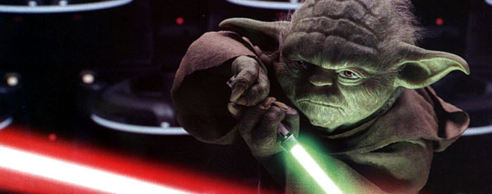 Yoda deflecting Sidious's lightsaber attack