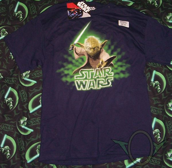 Yoda with lightsaber on blue shirt - front