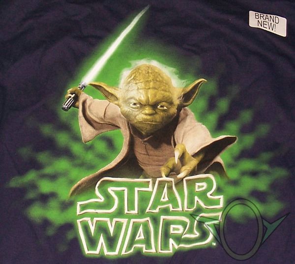 Yoda with lightsaber on blue shirt - front logo