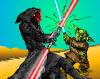 An illustration of Yoda fighting Darth Maul (courtesy of Counting Down) - 729x583
